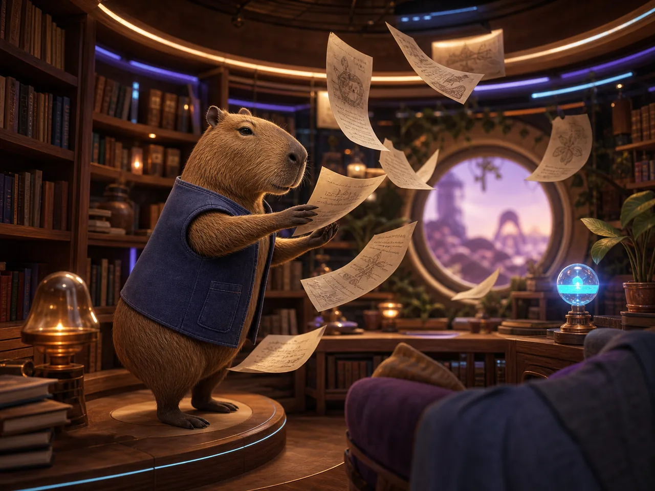 Capibara en una biblioteca futurista celebrando el aprendizaje